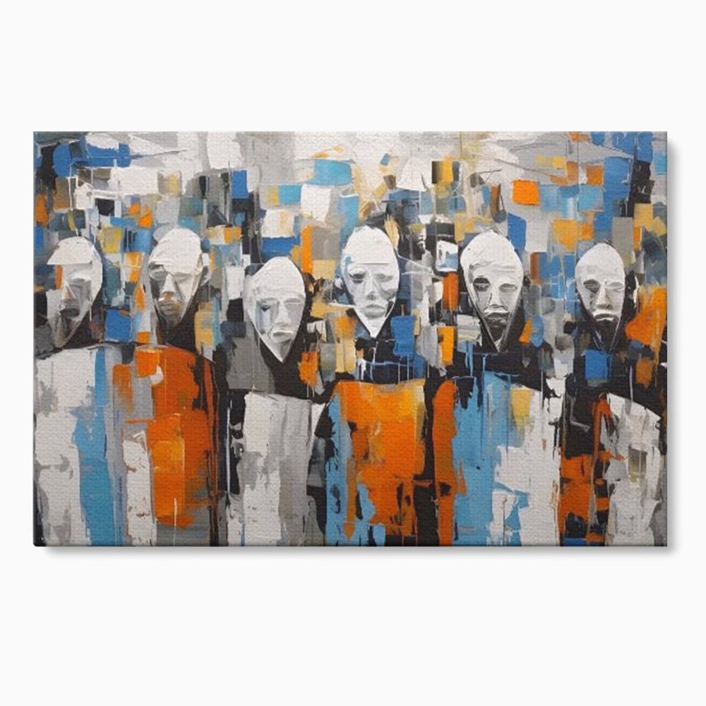 Tablou canvas cu tablou canvas cu chipuri multiple stilizate, fara rama, pe sasiu de lemn